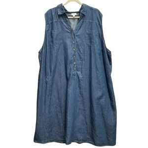 Avenue 30 / 32 Blue Chambray Denim Sleeveless Shirt Dress Cotton Blend Soft 4X